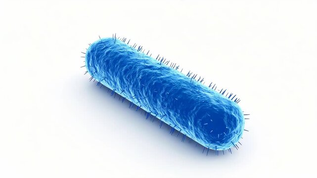 Detailed blue bacterium with flagella against a clean white background, scientific illustration
