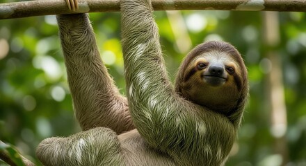 Naklejka premium Close-up of a Three-Toed Sloth hanging from a tree branch in a lush green rainforest environment.