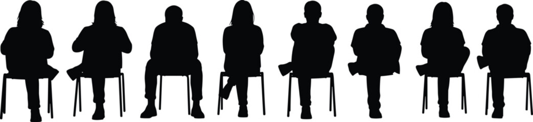 People sitting on chairs silhouette set, men women waiting audience interview posture body language black flat vector illustration © Creative Soul