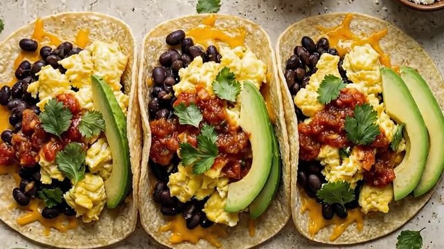 Breakfast tacos with scrambled egg, black bean, avocado, salsa, and cheese on tortilla, ready to eat for meal.