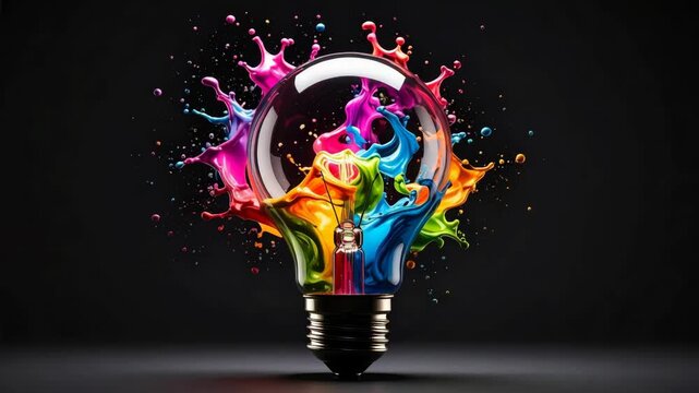 Light bulb exploding with vibrant rainbow paint splashes on black background symbolizing creativity