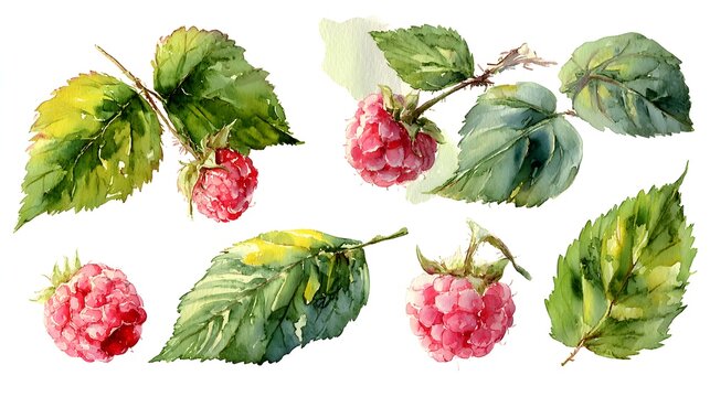 Watercolor painting of fresh raspberries and green leaves on a white background.