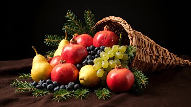 A cornucopia overflows with fruit pomegranates, pears, grapes, and berries, framed by greens