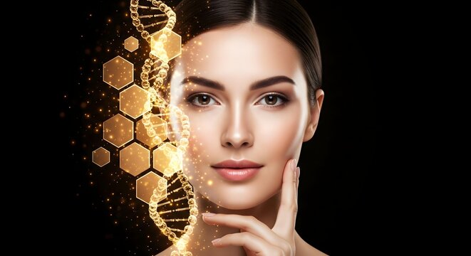 Beauty Portrait of Woman with DNA Helix and Hexagon Pattern Overlay, Skincare and Biotechnology Visual, Cosmetic Treatment Theme, Scientific Background, Glowing Skin Close Up on Dark Studio Scene