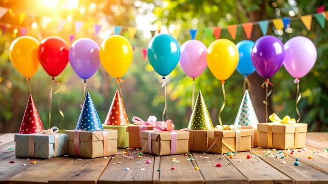 Festive outdoor birthday party setup with colorful balloons, party hats, wrapped gifts, and confetti on wooden table.