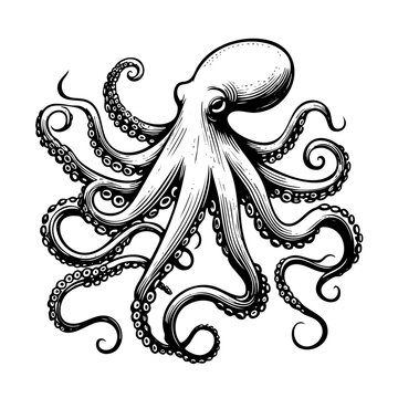 Black and white drawing of an octopus with its tentacles spread out. The octopus is the main focus of the image, and its tentacles are spread out in various directions