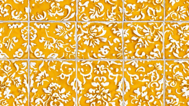 Yellow Portuguese azulejo tiles, traditional ceramic tile pattern, ornate geometric design, Mediterranean decor background