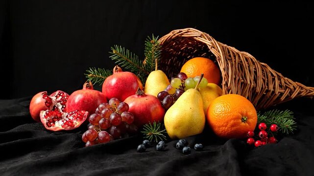 A cornucopia of seasonal fruits spilling from a woven basket against a dark backdrop