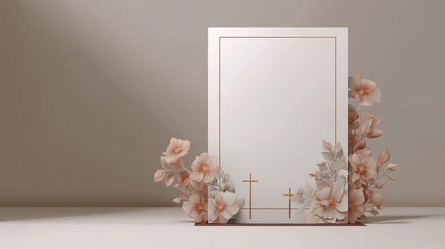 Blank funeral flyer mockup design. Subtle cross motifs frame elegant floral borders. White card stands upright neutral gradient background. Graphic design template. Funeral announcement. Memorial