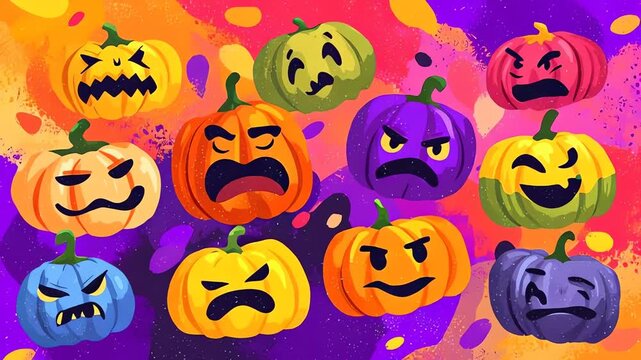 Colorful Halloween Pumpkins Showing Various Emotions and Faces