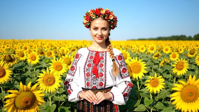 Beautiful Ukrainian Woman in Traditional Embroidered Dress and Floral Wreath Standing in a Field of Sunflowers on a Sunny Day.