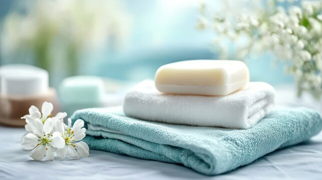 A clean white bar of soap rests on neatly folded teal and white bath towels with soft blurred floral accents in the background