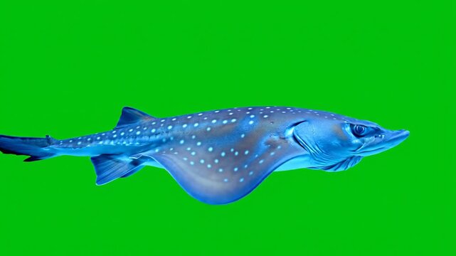 A blue-spotted marine creature with a flat body and tail swimming against a vibrant green background.