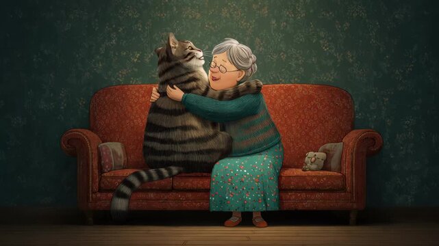 Elderly woman sits on red couch hugging large striped cat in cozy living room during evening hours