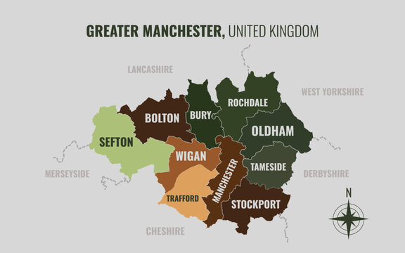 A map showing Greater Manchester UK City into Local in a minimalist colorful style