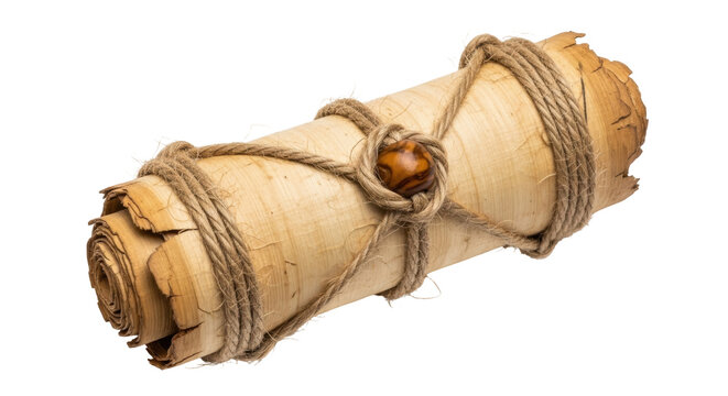Aged papyrus scroll tied with twine and a wooden bead isolated PNG, ancient manuscript for fantasy and historical designs