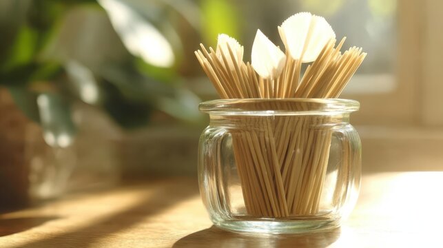 A clear glass jar filled with natural bamboo toothpicks stands on a wooden surface with soft green foliage in the background