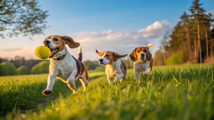 Three Playful Beagles Running with Yellow Ball in Sunny Field