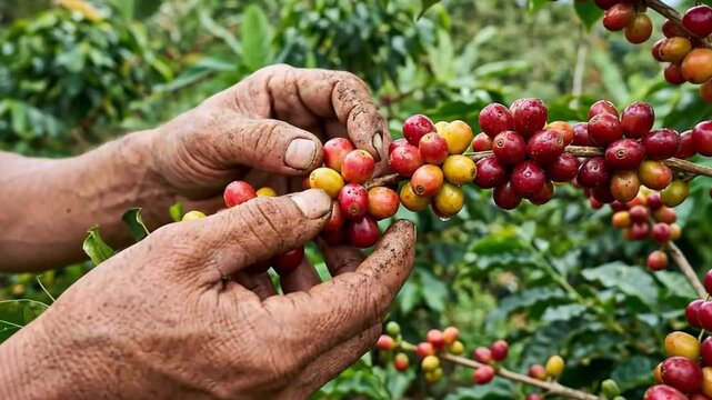 Man hands harvesting ripe coffee cherry from a branch on a lush coffee plantation for agricultural production