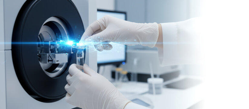 Food laboratory scientist adjusts analytical instrument with gloved hands examining sample