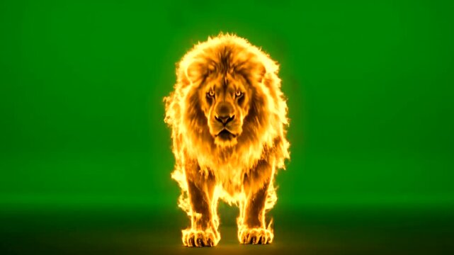 Fiery Lion Roaring with Smoke and Flames on Green Screen.