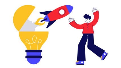 Naklejka premium A businessman celebrating as a red rocket launches out of a bright yellow light bulb symbolizing a successful startup idea