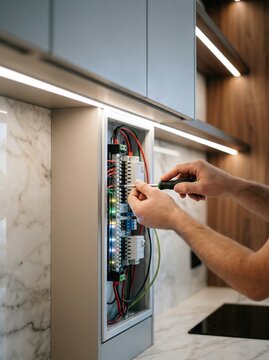 Electrician installing smart home control panel in modern kitchen