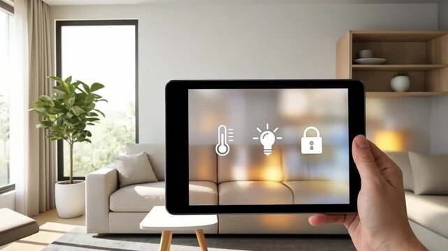 Woman holding tablet showing smart home app in modern living room controlling temperature, lighting, and security.