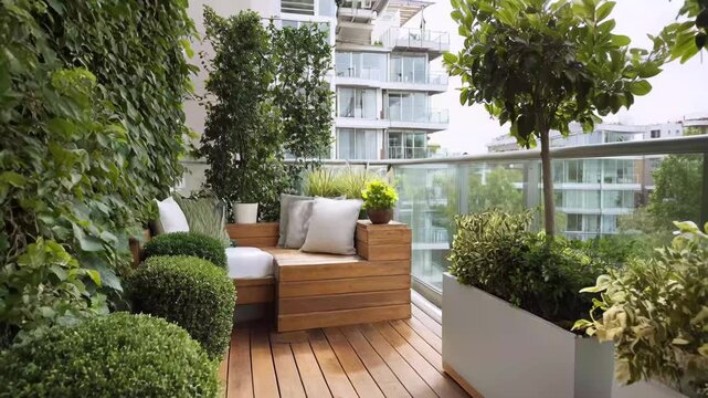Balcony with plants and seating area in urban setting during daytime with buildings in background