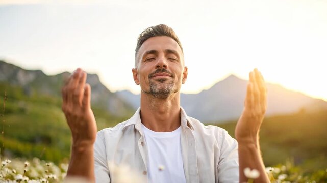 Man with eyes closed meditating in a field of wildflowers with mountains behind him