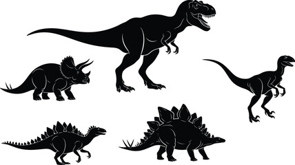 Dinosaur silhouette collection, black and white prehistoric animals including Tyrannosaurus Rex, Triceratops, © Hello World