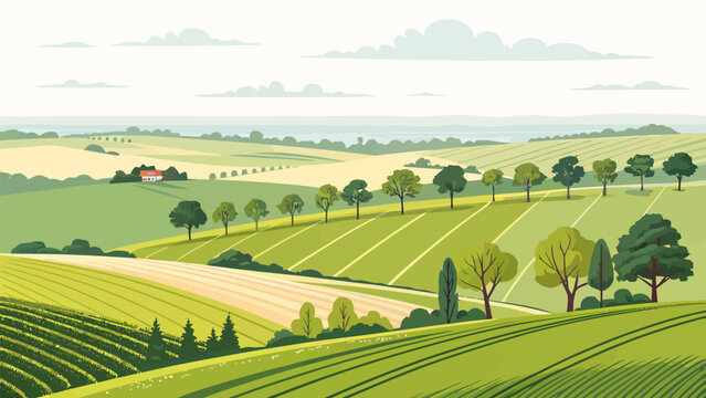 Serene countryside landscape with rolling green hills and trees