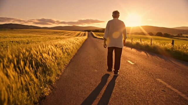 A man walking down a serene country road towards a beautiful sunset video