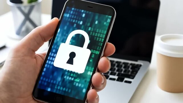 Man holding smartphone with padlock icon slowly fading, symbolizing increasing digital security and data protection