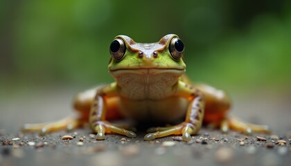 Naklejka premium Close-up Macro Shot of a Small Green Tree Frog With Big Golden Eyes on a Textured Ground with a Soft Green Blurred