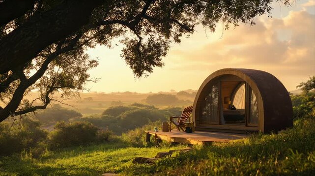 A wooden pod cabin nestles amidst lush greenery, with a scenic view, under a golden sunset