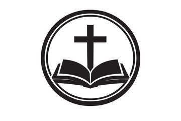 Religious symbol featuring an open book with a cross on top inside a circular frame