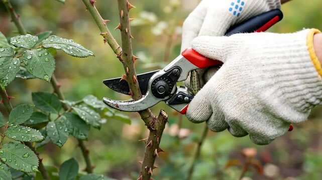 Man in gloves pruning plant branch with secateurs. Gardener cutting thorns on rose shrub stem in nature. Garden tree care concept.