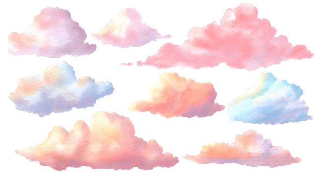Collection of Soft Pastel Watercolor Clouds in Various Hues.