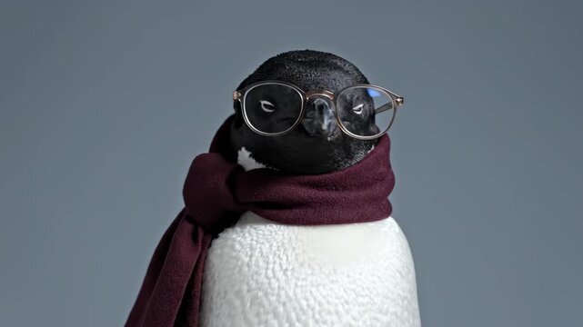 A penguin wears round glasses and a maroon scarf against a gray background