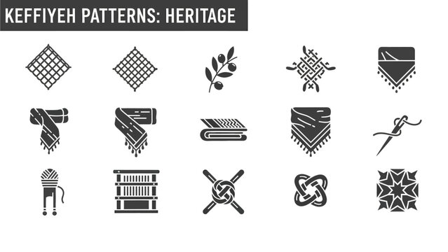A grid of fifteen blackandwhite icons representing Keffiyeh patterns and textile heritage