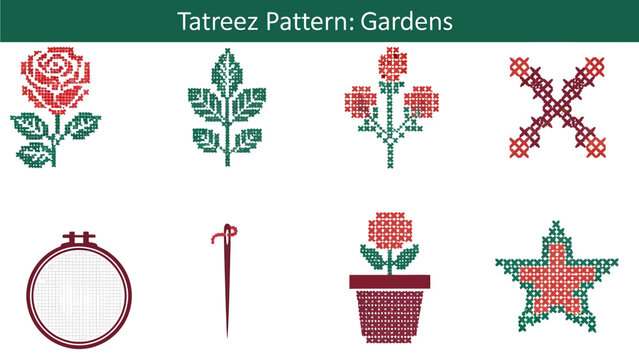 Collection of crossstitch Gardens pattern motifs in red and green