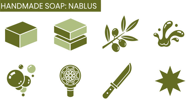 Eight olive green icons related to handmade Nablus soap production and characteristics