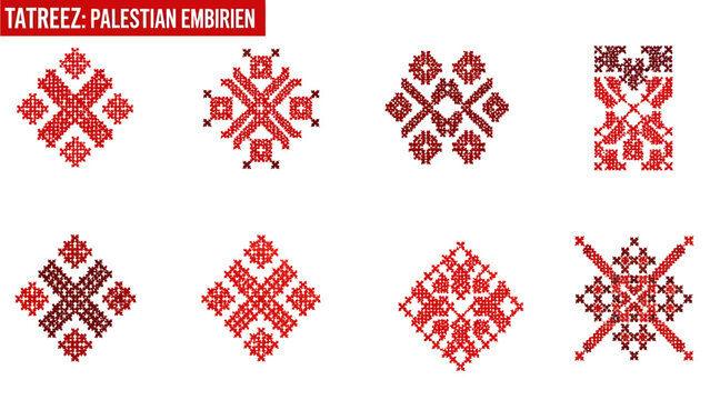 Eight red crossstitch geometric embroidery patterns in two rows