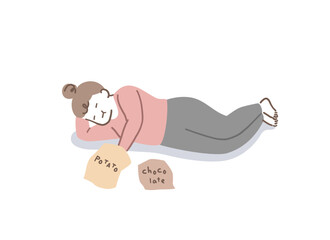 寝転がりながらお菓子を食べる女性のイラスト素材