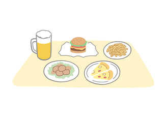 ビールとジャンクフードのイラスト素材