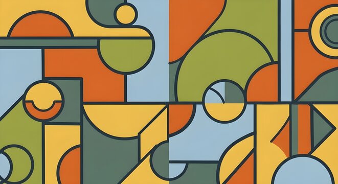 Abstract geometric art with bold lines, curves, and shapes in a retro color palette, modern graphic design