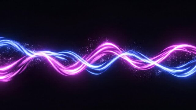 Dynamic neon light waves flow and intertwine with glowing particles on a dark