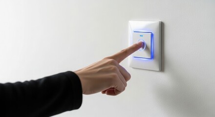 Hand pressing a light switch with blue light