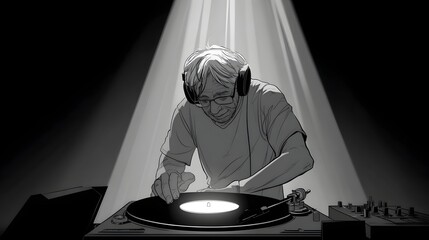 Black and White Image of a DJ Mixing Records Under a Spotlight.